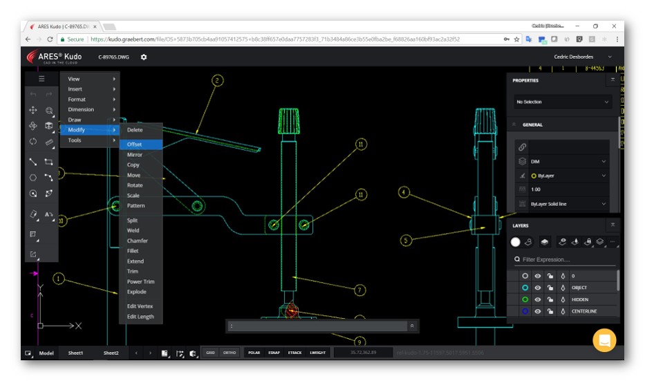 ARES Kudo editing dwg file from Onshape in the Cloud