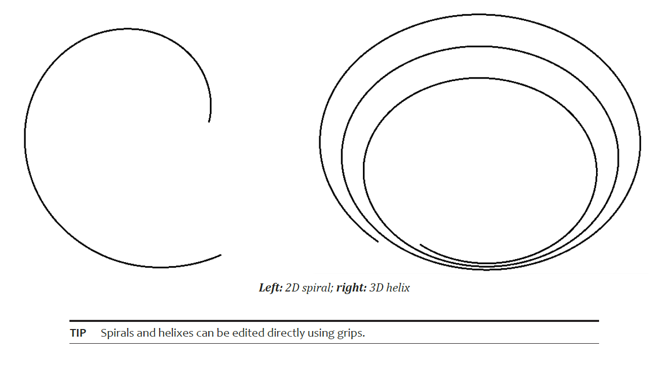 Helix command creates 2D spirals and 3D helixes.