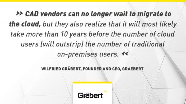 “CAD vendors can no longer wait to migrate to the cloud, but they also realize that it will most likely take more than 10 years before the number of cloud users [will outstrip] the number of traditional on-premises users.”
— Wilfried Graebert, founder and CEO, Graebert